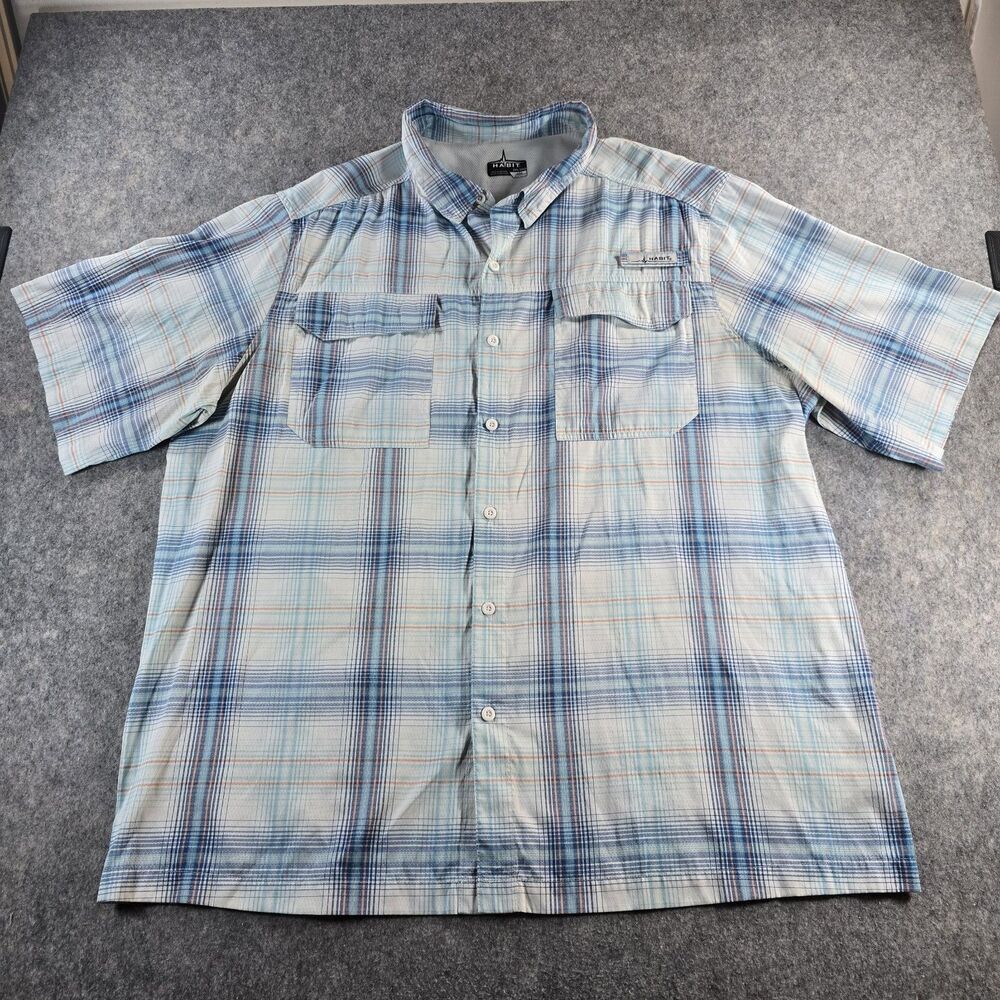 Habit Fishing Shirt Men Size 2XL Blue Plaid Short Sleeve Button Vented Outdoors